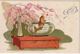 HO 25 - CARTE  FANTAISIE 1er AVRIL " CHERCHEZ DANS VOTRE COEUR " - POISSON DANS BOCAL ET VASE  SUR TABLE JAPONISANT - 1° Aprile (pesce Di Aprile)