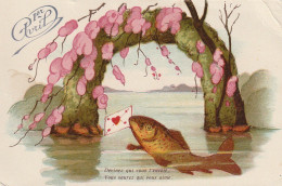 HO 25 - CARTE FANTAISIE 1er AVRIL " DEVINEZ QUI "- POISSON AVEC LETTRE SOUS ARCHE DE FLEURS - 2 SCANS  - 1 April (aprilvis)