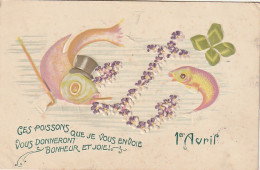 HO 25 - CARTE GAUFREE FANTAISIE  1er AVRIL  " CES POISSONS " - ANCRE DE FLEURS , POISSONS ET TREFLE - 2 SCANS  - 1° Aprile (pesce Di Aprile)