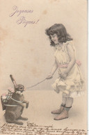 HO 26 - CARTE  FANTAISIE  " JOYEUSES PAQUES " - FILLETTE AVEC LAPIN EN LAISSE ET PANIERE D'OEUFS - 2 SCANS - Pâques