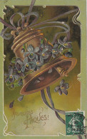 HO 26 - CARTE GAUFREE FANTAISIE  " HEUREUSES PAQUES " - CLOCHE ET GERBE DE VIOLETTES  - 2 SCANS - Pasen