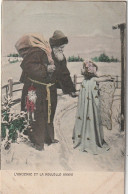 HO 27 - CARTE  FANTAISIE  " L'ANCIENNE ET LA NOUVELLE ANNEE " - PERE NOEL ET ANGELOT SE TENANT PAR LA MAIN -- 2 SCANS - Nieuwjaar