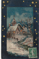 HO 27 -  CARTE  GAUFREE FANTAISIE  " JOYEUX NOEL " - PAYSAGE ENNEIGE  SOUS UNE NUIT ETOILEE  2 SCANS - Sonstige & Ohne Zuordnung