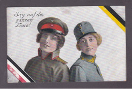 Guerre 14-18 Carte Patriotique Patriotika Sieg Au Der Ganzen Linie Femme Uniforme Militaire Allemand Départ Bitche - War 1914-18