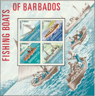 THEMATIC TRANSPORT:  FISHING BOATS.  OLD SAIL BOAT, ROWING-BOAT, MOTOR FISHING BOAT, CALAMAR   - MS -   BARBADOS - Schiffahrt