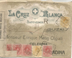 SANTANDER 1917 A CELERINA SUIZA ALFONSO XIII CERTIFICADA CERVECERIA CRUZ BLANCA BEER CON CENSURA MILITAR FRANCESA - Cartas & Documentos