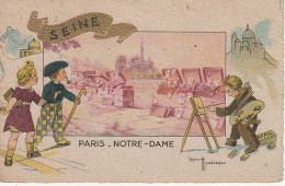 IN 25 -(75) PARIS - NOTRE DAME - ILLUSTRATEUR GASTON MARECHAUX - PEINTRE ET CHEVALET , COUPLE-  2 SCANS - Notre-Dame De Paris