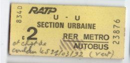 Ticket Ancien RATP /Section Urbaine  U  U  / 2éme/RER Metro Autobus/ Vers 1990    TCK261 - Spoorweg