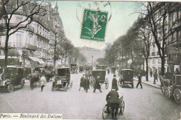 IN 26 -(75) PARIS -  BOULEVARD DES ITALIENS - AUTOMOBILES , CALECHES - CARTE COLORISEE - 2 SCANS - Paris (09)