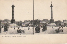 JA 4 -(75) PARIS - PLACE DE LA BASTILLE - COLONNE DE JUILLET - VOITURES HIPPOMOBILES - CARRIOLE A CHEVAL - CARTE STEREO  - Sonstige Sehenswürdigkeiten