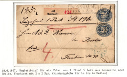 Preußen Paketbegleitbrief Von 1867 Frankiert Mit 2x2 Sgr. #IB642 - Precursores