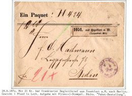 Thurn & Taxis Paketbegleitbrief Frankfurt - Berlin, 4-stellige Registernr #IB994 - Briefe U. Dokumente