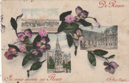 JA 11 -(76) " DE ROUEN JE VOUS ENVOIE CES FLEURS " - CARTE MULTIVUES COULEURS - FLEURS : ROSES  - 2 SCANS  - Rouen