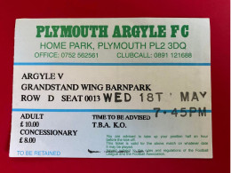 Football Ticket Billet Jegy Biglietto Eintrittskarte Plymouth Argyle - No Contest 18/05/?? - Tickets D'entrée
