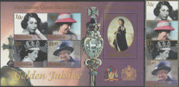 THEMATIC ROYAL HOUSES:  GOLDEN JUBILEE.  QUEEN EII YESTERDAY AND TODAY   -  4v+ MS    -   BARBADOS - Familias Reales