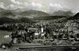 12632843 Spiez BE Schloss Kirche Thunersee Alpenpanorama Fliegeraufnahme Spiez - Autres & Non Classés