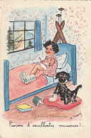 JA 27-  " PASSONS D' EXCELLENTES VACANCES " - FILLETTE ET CHIEN AVEC PLATRE  , AU SKI - ILLUSTRATEUR FAURY - 2 SCANS - Otros & Sin Clasificación