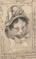 JA 27-  CARTE GAUFREE FANTAISIE -  TETE DE CHATTE  CHAPEAUTEE AVEC  TIGE DE ROSES - 2 SCANS - Katzen