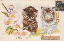 JA 27-  " JOYEUX NOEL " - COUPLE DE CHATONS AVEC BRANCHE DE CERISIER EN FLEURS - ILLUSTRATEUR BERNET- 2 SCANS - Gatos