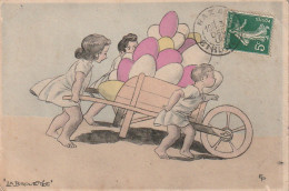 KO 1 - " LA BROUETTEE " - ENFANTS POUSSANT UNE BROUETTE AVEC OEUFS MULTICOLORES - ILLUSTRATEUR E . P - 2 SCANS - Easter