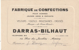 KO 6- (80) FABRIQUE DE CONFECTIONS " LE FRANC PICARD " , AMIENS - DARRAS BILHAUT - CARTE DE VISITE - 2 SCANS - Tarjetas De Visita