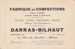 KO 6- (80)  CONFECTIONS " LE FRANC PICARD " , AMIENS - DARRAS BILHAUT, REPRESENTANT G.  BOUZON , AGEN - CARTE DE VISITE  - Tarjetas De Visita
