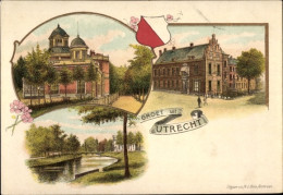 Lithographie Utrecht Niederlande, Kanaal, Radhuis - Autres & Non Classés