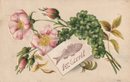 LE 6- 1er AVRIL - CARTE FANTAISIE  GAUFREE -  BOUQUET DE FLEURS ET TREFLE - 2 SCANS - 1er Avril - Poisson D'avril