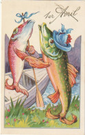 LE 6-  CARTE  FANTAISIE HUMORISTIQUE : COUPLE DE POISSONS PECHEURS - 2 SCANS - 1° Aprile (pesce Di Aprile)
