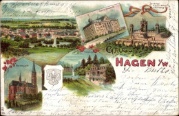 Lithographie Hagen In Westfalen, Totale, Kaiserdenkmal, Waldlust, Gewerbeschule, Kirche, Blason - Sonstige & Ohne Zuordnung