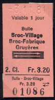 03/11/81  , BULLE , BROC - VILLAGE , BROC - FABRIQUE , GRUYÉRES , TICKET DE FERROCARRIL , TREN , TRAIN , RAILWAYS - Europa