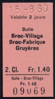 15/08/80  , BULLE , BROC - VILLAGE , BROC - FABRIQUE , GRUYÉRES , TICKET DE FERROCARRIL , TREN , TRAIN , RAILWAYS - Europe