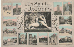 LE 22-(90) UN SALUT DU LION - BELFORT - CARTE MULTIVUES COLORISEE - 2 SCANS  - Belfort – Le Lion