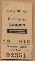 19/08/80 GÜMMENEN - LAUPEN , TICKET DE FERROCARRIL , TREN , TRAIN , RAILWAYS - Europa