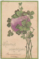 HO Nw (3) " HEUREUX ANNIVERSAIRE " - CARTE FANTAISIE GAUFREE - TREFLES - COMPOSITION STYLE ART NOUVEAU- 2 SCANS - Verjaardag