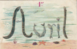 HO Nw (5) " 1er AVRIL " - CARTE FANTAISIE - ANGUILLES ET POISSONS SUR FOND MARIN , COQUILLAGES - 2 SCANS - April Fool's Day