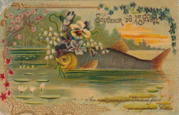 HO Nw (5) " SOUVENIR DU 1er AVRIL " - CARTE FANTAISIE GAUFREE - POISSON AVEC BOUQUET DE FLEURS - 2 SCANS - 1 April (aprilvis)