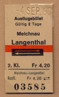 04/09/80 MELCHNAU - LANGENTHAL , TICKET DE FERROCARRIL , TREN , TRAIN , RAILWAYS - Europa