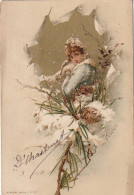 HO Nw (7) " HIVER  " - PORTRAIT DE FEMME DANS BRANCHAGE ENNEIGE - DORURE - ILLUSTRATEUR SOCKL - 2 SCANS - Sonstige & Ohne Zuordnung