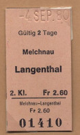 04/09/80 MELCHNAU - LANGENTHAL , TICKET DE FERROCARRIL , TREN , TRAIN , RAILWAYS - Europa