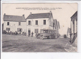 SAINT-PRIEST-des-CHAMPS: La Place De L'église Le Bureau De Poste, Route De Biollet à Charensat, Autobus - Très Bon état - Autres & Non Classés