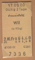 17/09/80 FRAUENFELD - WIL VIA WÄNGI , TICKET DE FERROCARRIL , TREN , TRAIN , RAILWAYS - Europa