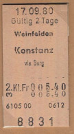 17/09/80 WEINFELDEN - KONSTANZ VIA BERG , TICKET DE FERROCARRIL , TREN , TRAIN , RAILWAYS - Europe