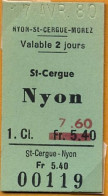 17/04/80 ST. CERGUE - NYON , TICKET DE FERROCARRIL , TREN , TRAIN , RAILWAYS - Europe