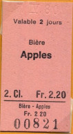 17/04/80 BIÉRE - APPLES , TICKET DE FERROCARRIL , TREN , TRAIN , RAILWAYS - Europa