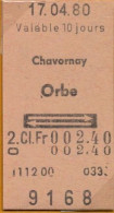 17/04/80 CHAVORNAY - ORBE , TICKET DE FERROCARRIL , TREN , TRAIN , RAILWAYS - Europa