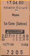 17/04/80 NYON - LA CURE , TICKET DE FERROCARRIL , TREN , TRAIN , RAILWAYS - Europa