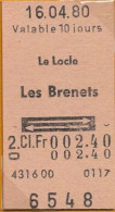 16/04/80 LE LOCLE - LES BRENETS , TICKET DE FERROCARRIL , TREN , TRAIN , RAILWAYS - Europa