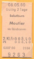 08/05/80 SOLOTHURN - MOUTIER VIA GÄNSBRUNNEN , TICKET DE FERROCARRIL , TREN , TRAIN , RAILWAYS - Europa