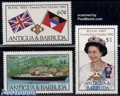 Antigua & Barbuda 1985 Royal Visit 3v, Mint NH, History - Transport - Flags - Kings & Queens (Royalty) - Ships And Boats - Familias Reales